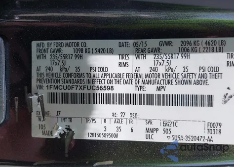 2015 Ford Escape S from USA, damaged, VIN 1FMCU0F7XFUC56598